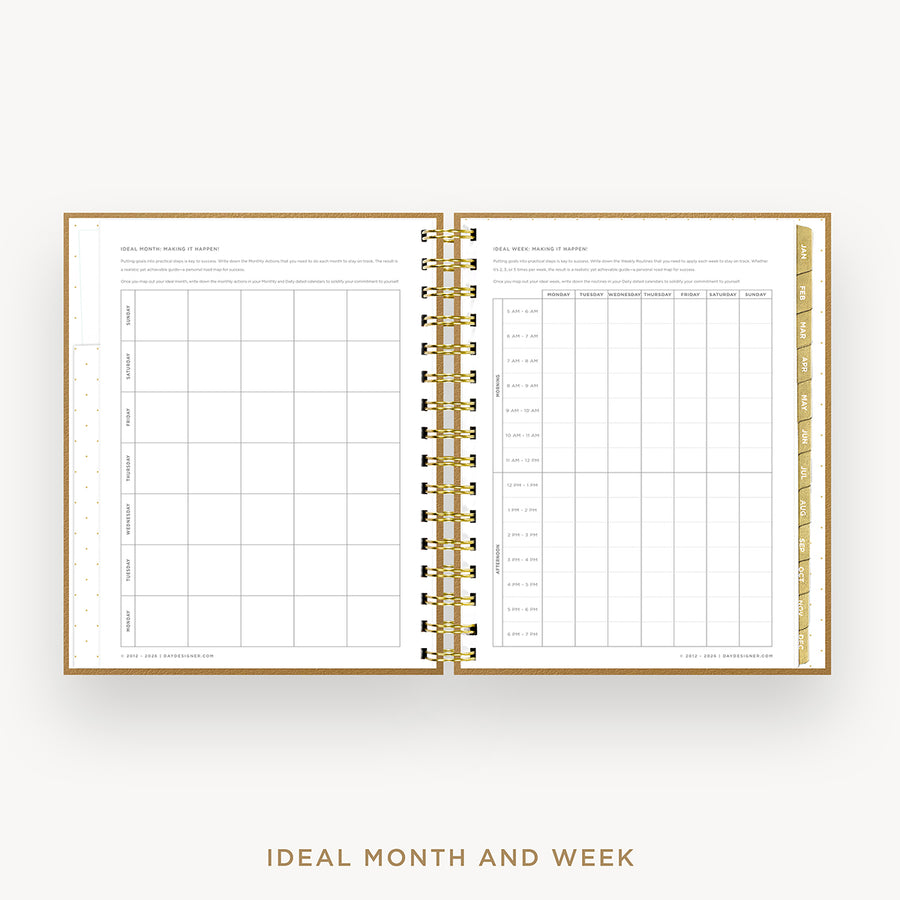 An open spiral-bound planner or calendar showing monthly and weekly grid layouts on white pages, with a gold-toned ring binder and gold text below reading 'IDEAL MONTH AND WEEK' on a light gray background.
