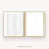 An open spiral-bound planner or agenda with gold-toned rings, showing printed date-reference pages on the left and a lined 'Important Dates' tracker on the right. The product is centered on a light gray background with the words 'IMPORTANT DATES' below.