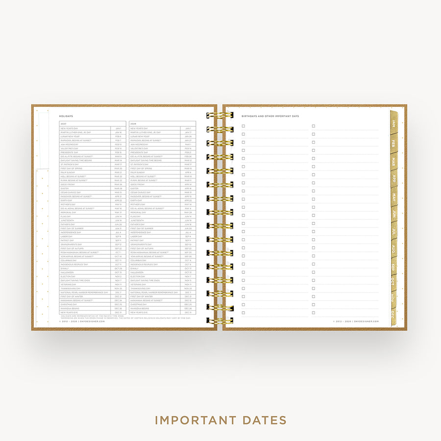 An open spiral-bound planner or agenda with gold-toned rings, showing printed date-reference pages on the left and a lined 'Important Dates' tracker on the right. The product is centered on a light gray background with the words 'IMPORTANT DATES' below.