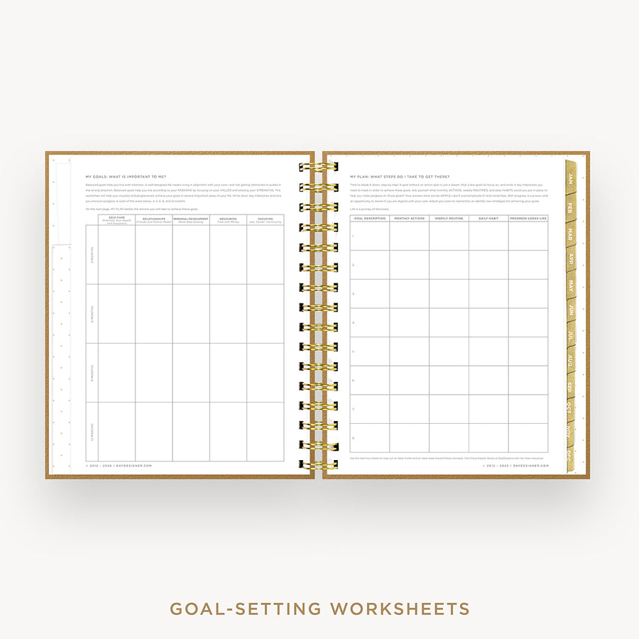 An open spiral-bound planner or notebook showing two printed goal-setting worksheet pages, with a gold wire binding and gold text at the bottom reading 'GOAL-SETTING WORKSHEETS' on a light gray background.