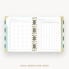 An open spiral-bound planner or calendar showing a monthly and weekly layout page, with gold rings and pale mint and gold page accents, on a light gray background. Text below reads 'IDEAL MONTH AND WEEK'.