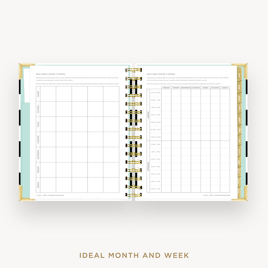 An open spiral-bound planner or calendar showing a monthly and weekly layout page, with gold rings and pale mint and gold page accents, on a light gray background. Text below reads 'IDEAL MONTH AND WEEK'.