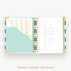 An open pocket organizer planner with gold spiral rings, featuring mint green pocket sheets, gold sticker sheets, and a white 'Day Designer' page with a ruler, shown on a light gray background with text reading 'POCKET, STICKERS AND RULER' below.