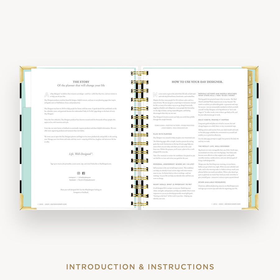 An open spiral-bound booklet or planner showing printed introduction and instructions pages, centered on a light gray background with the text 'INTRODUCTION & INSTRUCTIONS' below.