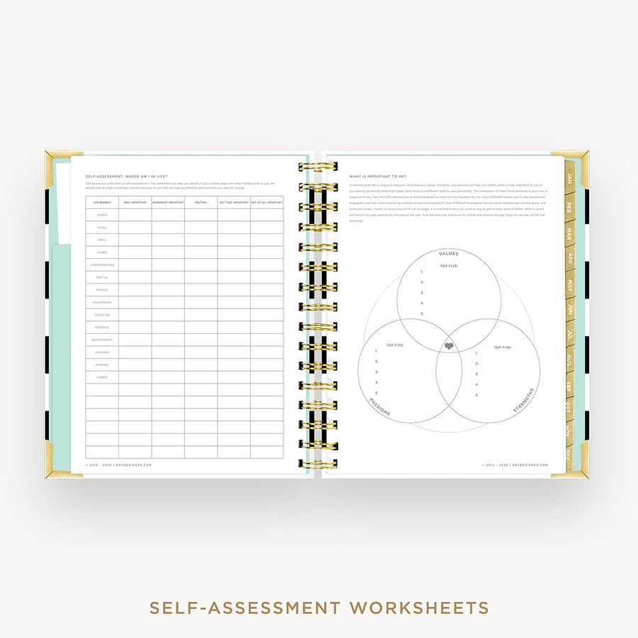 An open spiral-bound workbook showing self-assessment worksheet pages, including a checklist on the left and a Venn diagram on the right, with gold rings and a light aqua accent tab, photographed on a light gray background.