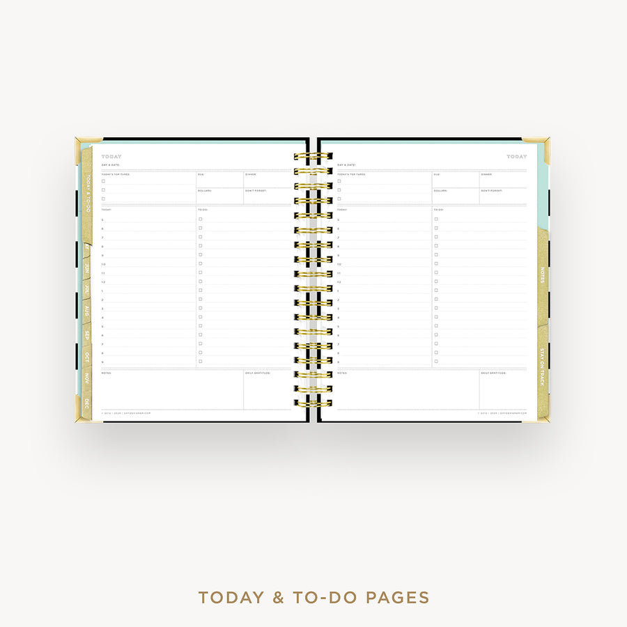 An open spiral-bound planner or agenda showing today and to-do pages, photographed from above on a light gray background with the text 'TODAY & TO-DO PAGES' below.