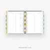 An open spiral-bound planner or agenda showing a favorites list page with columns for date, event, person, and notes. The product is photographed on a clean white background with the words 'FAVORITES LIST' printed below.