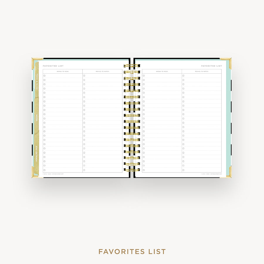 An open spiral-bound planner or agenda showing a favorites list page with columns for date, event, person, and notes. The product is photographed on a clean white background with the words 'FAVORITES LIST' printed below.