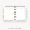 An open spiral-bound thank you note record planner on a light gray background, with gold rings and white lined pages. The cover edges show a pale mint and pale yellow pattern.