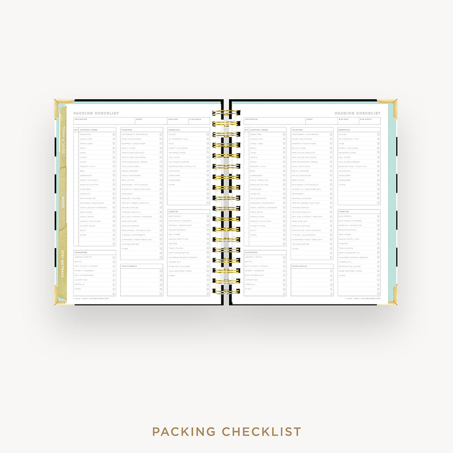 An open spiral-bound planner or notebook showing a packing checklist page spread across both pages, with gold rings and a light beige cover edge, on a light gray background. The text 'PACKING CHECKLIST' appears below.
