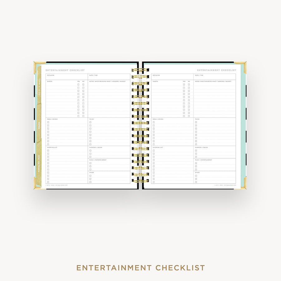 An open spiral-bound planner or checklist book showing two interior pages titled 'ENTERTAINMENT CHECKLIST' on a light gray background, with the same title printed below.