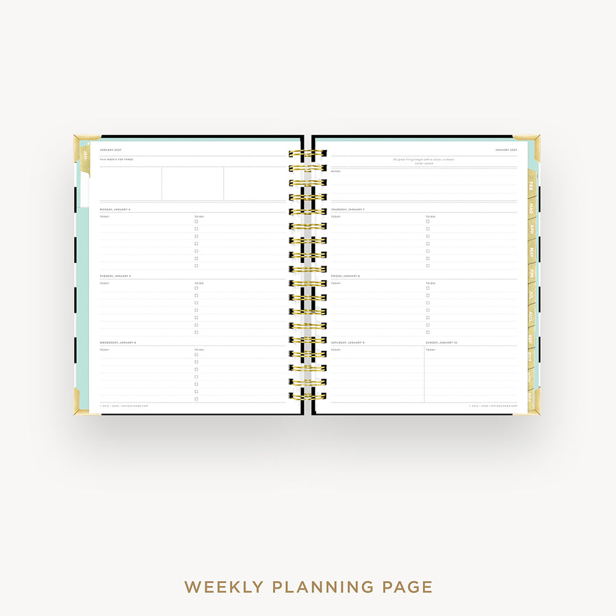 An open weekly planner page with gold spiral binding, shown on a light gray background with the text 'WEEKLY PLANNING PAGE' below.