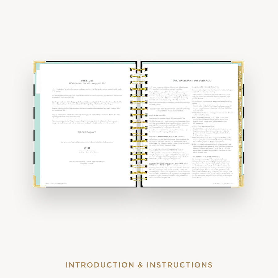An open spiral-bound booklet or instruction manual with two white pages showing text, photographed on a light gray background. Gold-toned ring binding is visible, and the words 'INTRODUCTION & INSTRUCTIONS' appear below the product.