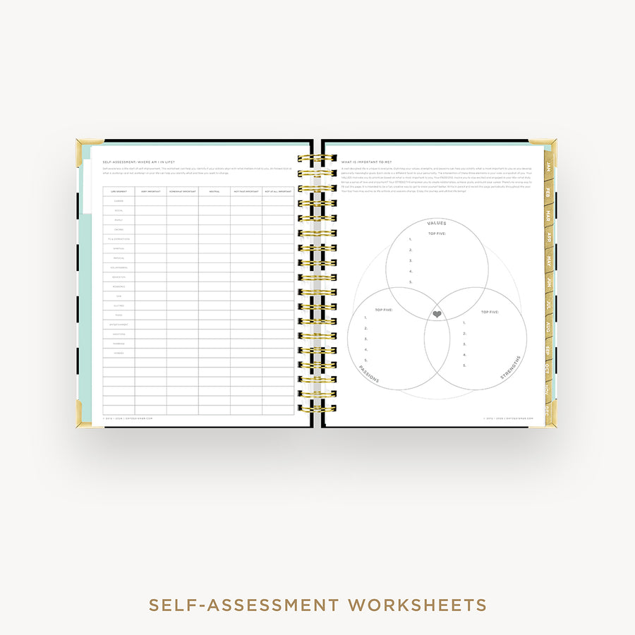 An open spiral-bound workbook showing self-assessment worksheet pages, including a checklist table and a Venn diagram, on a light gray background with the text 'SELF-ASSESSMENT WORKSHEETS' below.