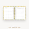 An open spiral-bound planner or calendar showing a monthly and weekly schedule layout on the pages, with a gold-toned binding and a light floral-patterned cover visible at the edges. The text 'IDEAL MONTH AND WEEK' appears below the product on a plain light background.