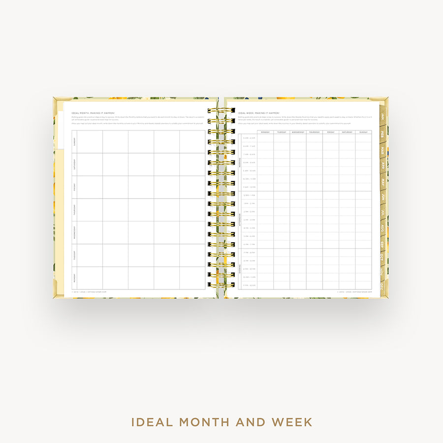 An open spiral-bound planner or calendar showing a monthly and weekly schedule layout on the pages, with a gold-toned binding and a light floral-patterned cover visible at the edges. The text 'IDEAL MONTH AND WEEK' appears below the product on a plain light background.