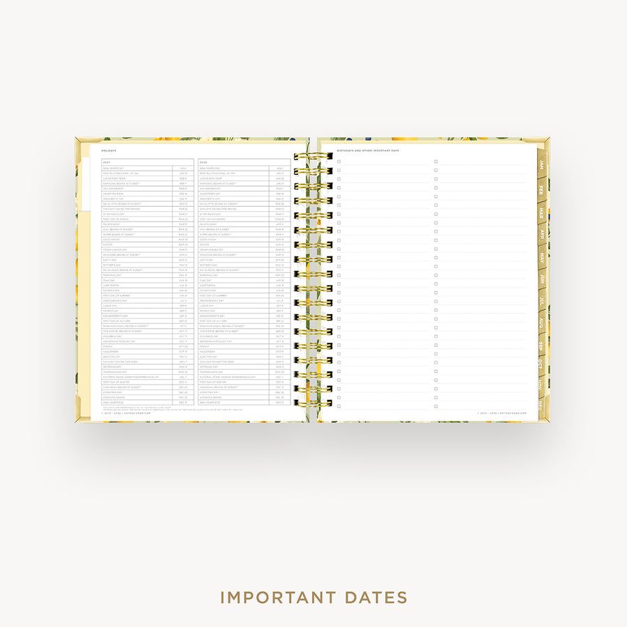 An open spiral-bound planner or agenda with white pages, shown on a light gray background. The cover has a subtle yellow floral pattern, and the text 'IMPORTANT DATES' appears below the product.