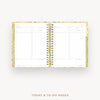 An open spiral-bound planner showing today and to-do pages, with a gold and white floral-patterned cover and gold wire binding, on a light gray background with the text 'TODAY & TO-DO PAGES' below.