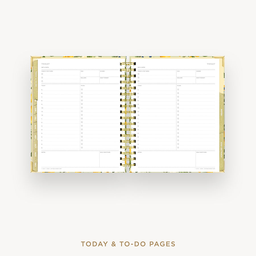 An open spiral-bound planner showing today and to-do pages, with a gold and white floral-patterned cover and gold wire binding, on a light gray background with the text 'TODAY & TO-DO PAGES' below.