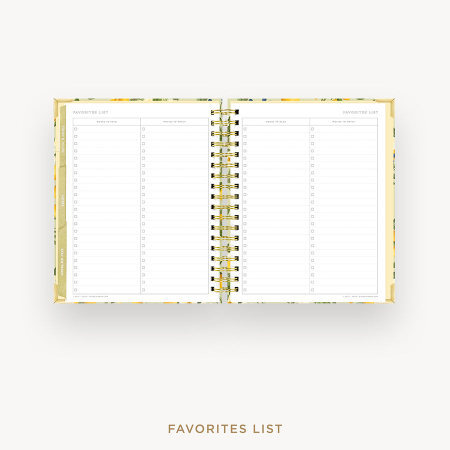 An open spiral-bound planner or agenda showing a favorites list page spread, with a gold-toned floral-patterned cover and gold wire binding on a light gray background. The words 'FAVORITES LIST' appear below the product.