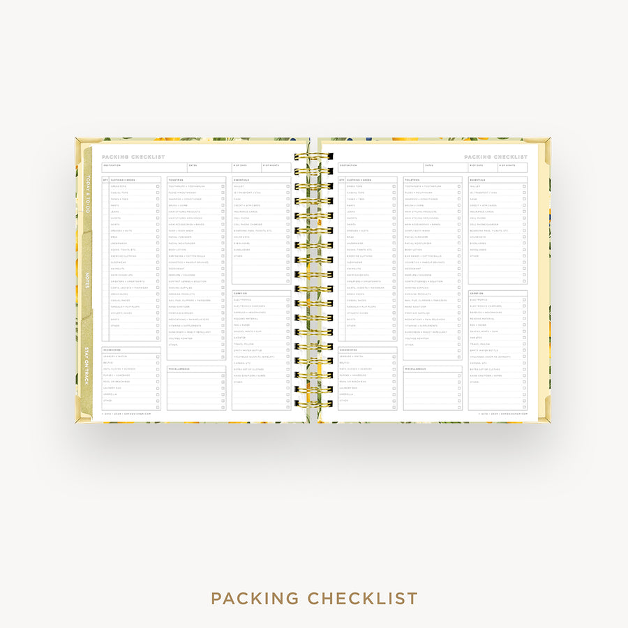 An open spiral-bound Packing Checklist planner shown from above on a light gray background, with the words 'PACKING CHECKLIST' printed below.