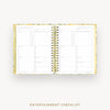 An open spiral-bound planner or checklist book titled 'ENTERTAINMENT CHECKLIST' on a light gray background, with the same title printed below.