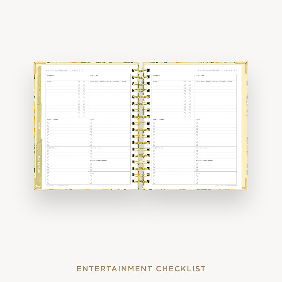An open spiral-bound planner or checklist book titled 'ENTERTAINMENT CHECKLIST' on a light gray background, with the same title printed below.