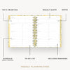 An open spiral-bound weekly planner page shown on a light gray background with callout lines labeling sections such as top 3 priorities, weekly quote, notes, schedule, to-do list, and includes weekends.