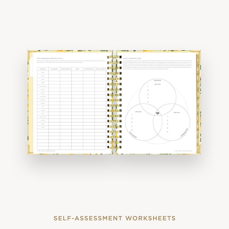 An open spiral-bound workbook showing self-assessment worksheet pages, including a table on the left and a Venn diagram on the right, with the text 'SELF-ASSESSMENT WORKSHEETS' below on a light gray background.
