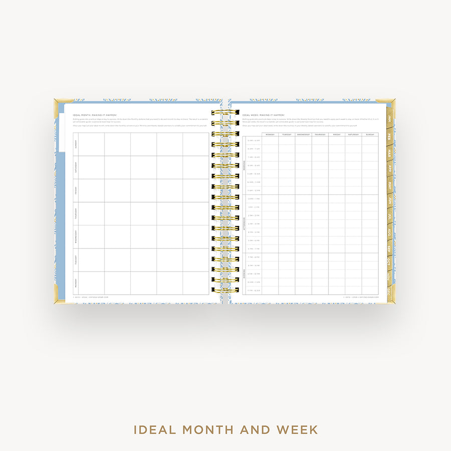 An open spiral-bound planner or agenda showing a monthly calendar spread and a weekly grid layout, photographed on a light gray background with the text 'IDEAL MONTH AND WEEK' below.