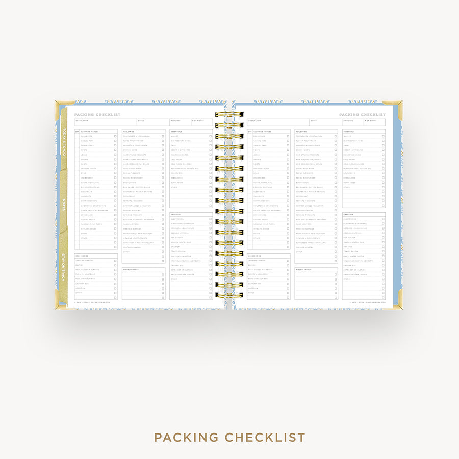 An open spiral-bound Packing Checklist planner shown on a light gray background with the words 'PACKING CHECKLIST' underneath.