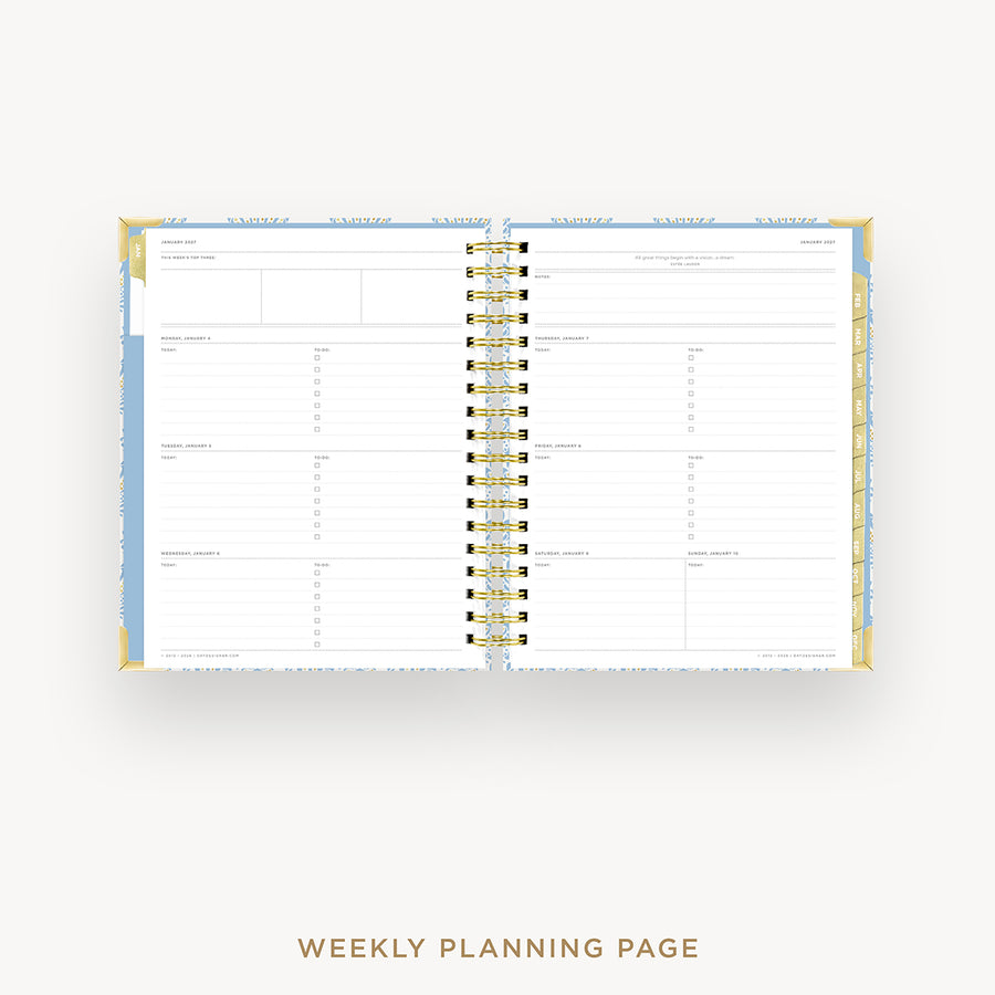 An open weekly planner page with lined layout sections, bound by a gold spiral, shown on a light gray background with the text 'WEEKLY PLANNING PAGE' below.
