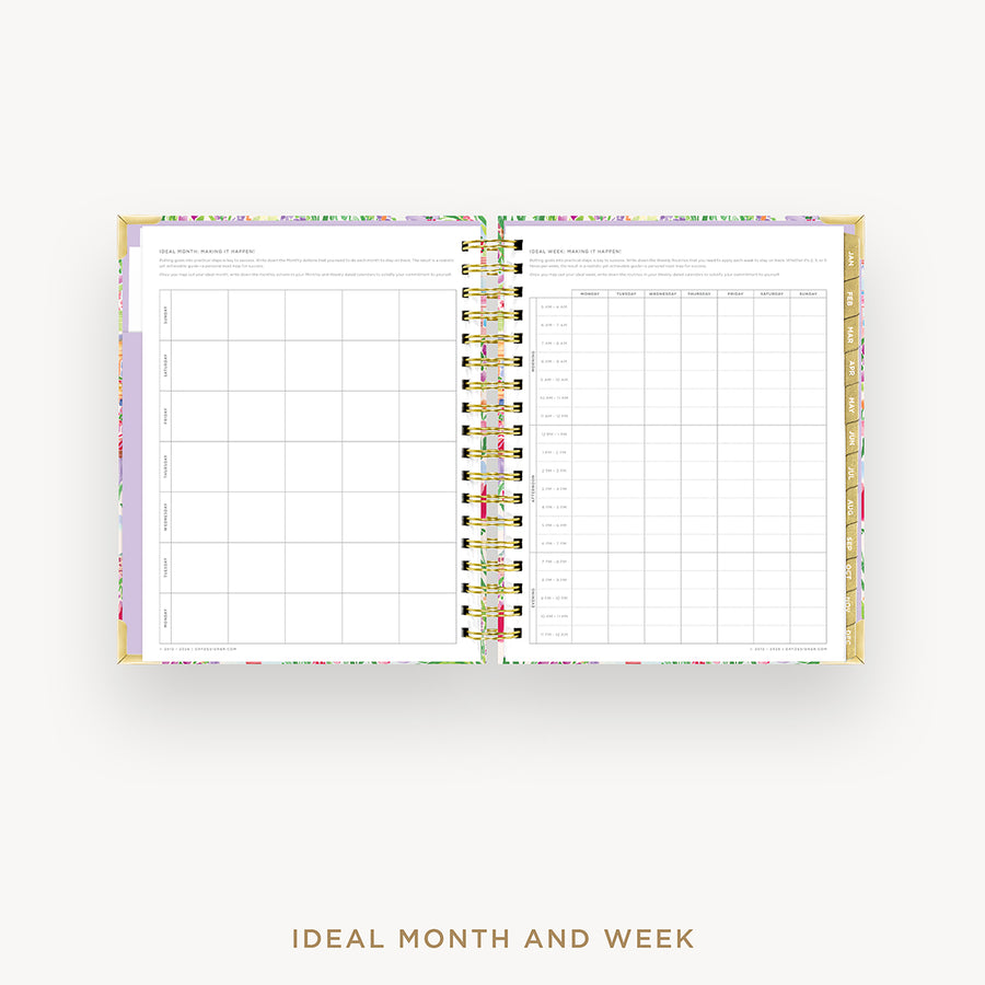 An open spiral-bound planner or agenda with weekly and monthly calendar pages visible, shown on a light gray background with the text 'IDEAL MONTH AND WEEK' below.