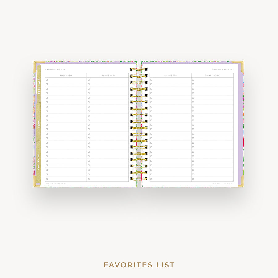 An open spiral-bound planner or agenda showing a favorites list page layout, centered on a light gray background with the words 'FAVORITES LIST' below.