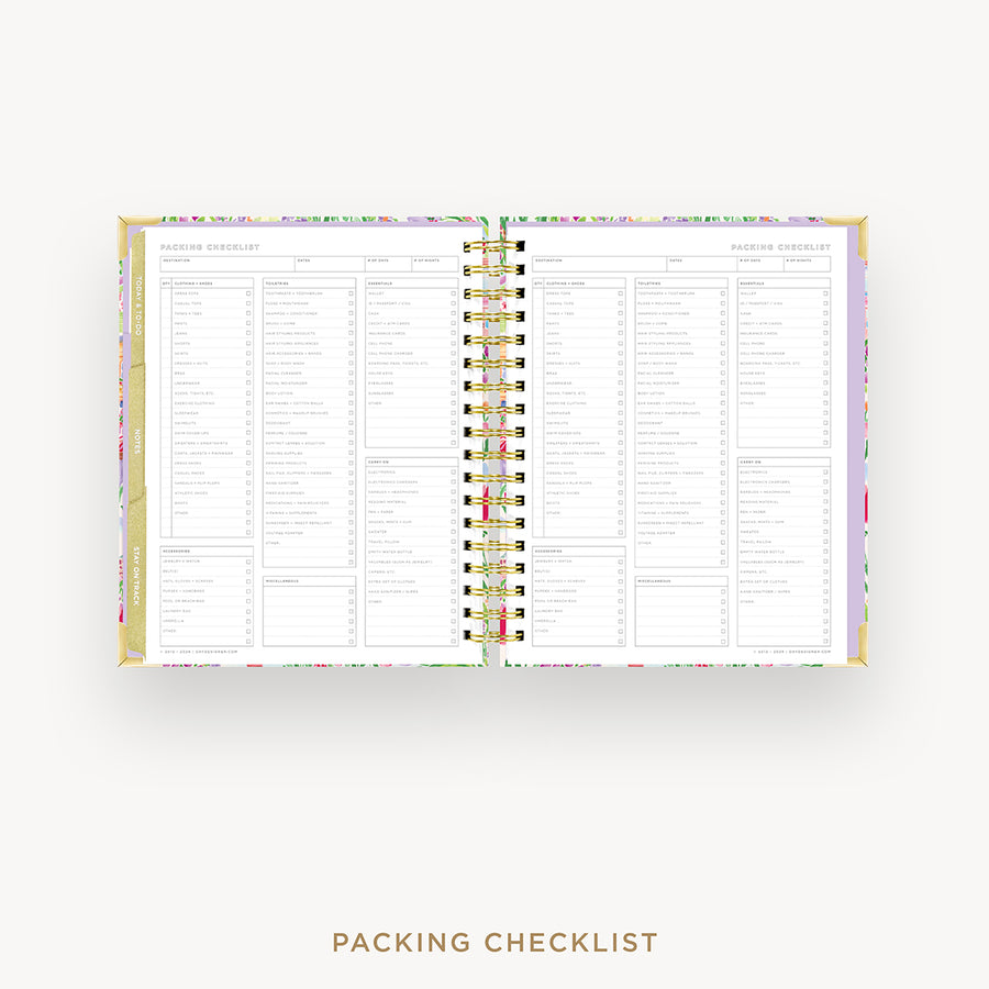 An open spiral-bound planner showing a Packing Checklist page, displayed on a light gray background with the text 'PACKING CHECKLIST' underneath.