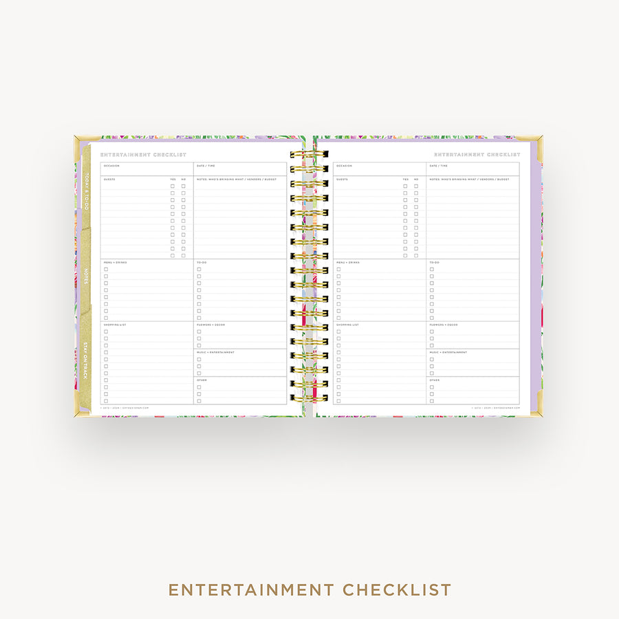 An open checklist planner with two inner pages titled 'ENTERTAINMENT CHECKLIST,' shown on a light gray background. The planner has a pastel floral border and gold spiral binding.