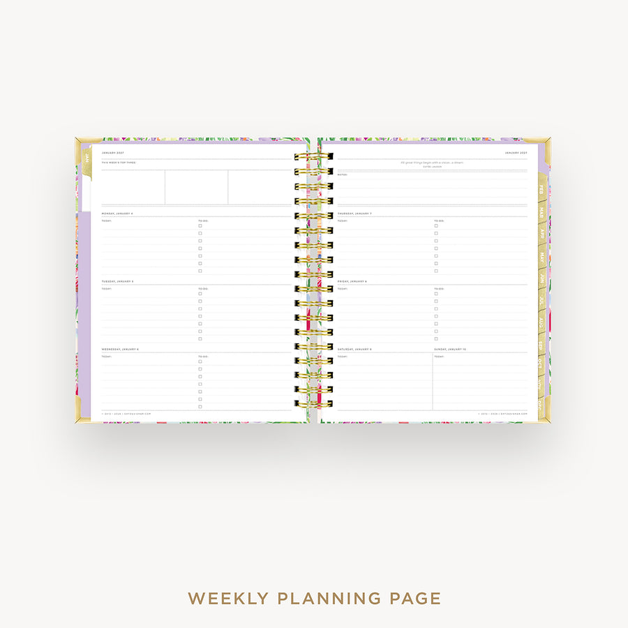 An open spiral-bound weekly planner showing white weekly planning pages with multicolored floral-patterned borders and gold-toned ring binder hardware, centered on a light gray background with the text 'WEEKLY PLANNING PAGE' below.