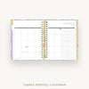 An open spiral-bound monthly calendar planner on a light gray background, showing a January 2027 calendar spread with tabs and the text 'JANUARY 2027' and 'TABBED MONTHLY CALENDAR' below.