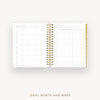 An open spiral-bound planner or calendar showing a monthly and weekly schedule layout on the pages, with a pink cover edge and gold-toned binding, centered on a light gray background. Text below reads 'IDEAL MONTH AND WEEK'.