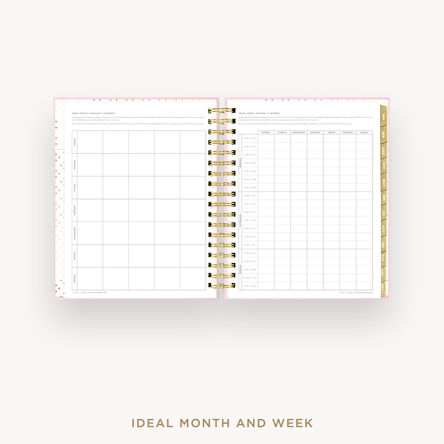 An open spiral-bound planner or calendar showing a monthly and weekly schedule layout on the pages, with a pink cover edge and gold-toned binding, centered on a light gray background. Text below reads 'IDEAL MONTH AND WEEK'.