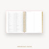 An open spiral-bound planner or agenda with white pages, a thin pink border, and gold accents, shown on a light gray background with the text 'IMPORTANT DATES' below.