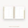 An open spiral-bound planner showing today and to-do pages, with a white page layout, gold accents, and a light pink outer cover visible on a clean white background. Text below reads 'TODAY & TO-DO PAGES'.