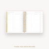An open spiral-bound thank you note record planner page set, shown on a clean white background with the title 'THANK YOU NOTE RECORD' printed below.