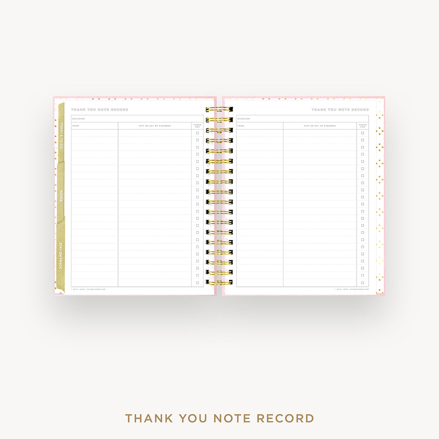 An open spiral-bound thank you note record planner page set, shown on a clean white background with the title 'THANK YOU NOTE RECORD' printed below.