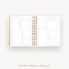 An open spiral-bound planner showing an Entertainment Checklist page, displayed on a light gray background with the text 'ENTERTAINMENT CHECKLIST' below.
