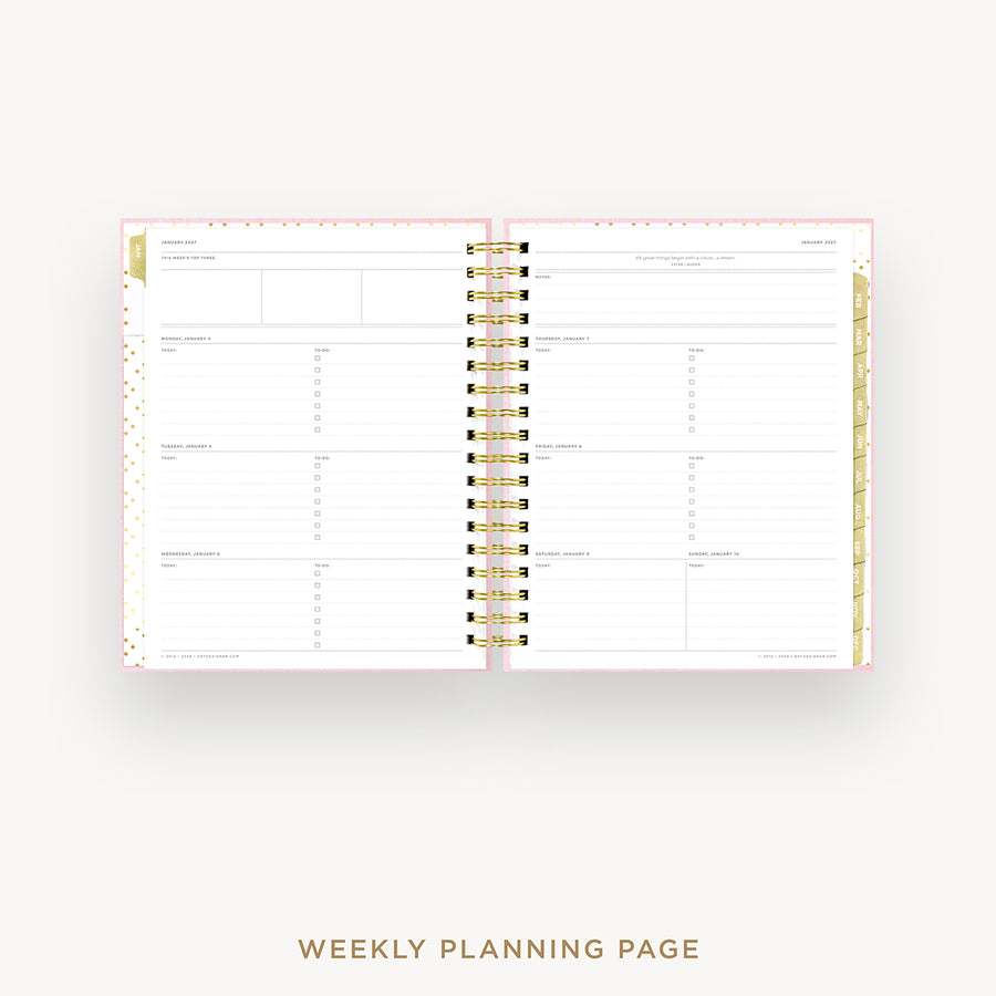 An open spiral-bound weekly planner page with white lined sections, gold decorative accents, and a light pink border, shown on a clean white background with the text 'WEEKLY PLANNING PAGE' below.