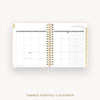 An open spiral-bound monthly calendar planner on a light gray background, showing a January 2027 calendar spread with white pages, gray grid lines, and gold accents. The text 'TABBED MONTHLY CALENDAR' appears below.
