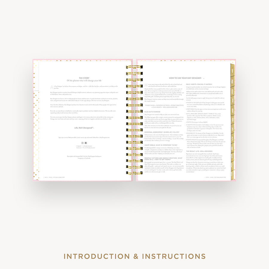 An open spiral-bound instruction booklet or planner showing printed introduction and instructions pages, centered on a light gray background with the text 'INTRODUCTION & INSTRUCTIONS' below.