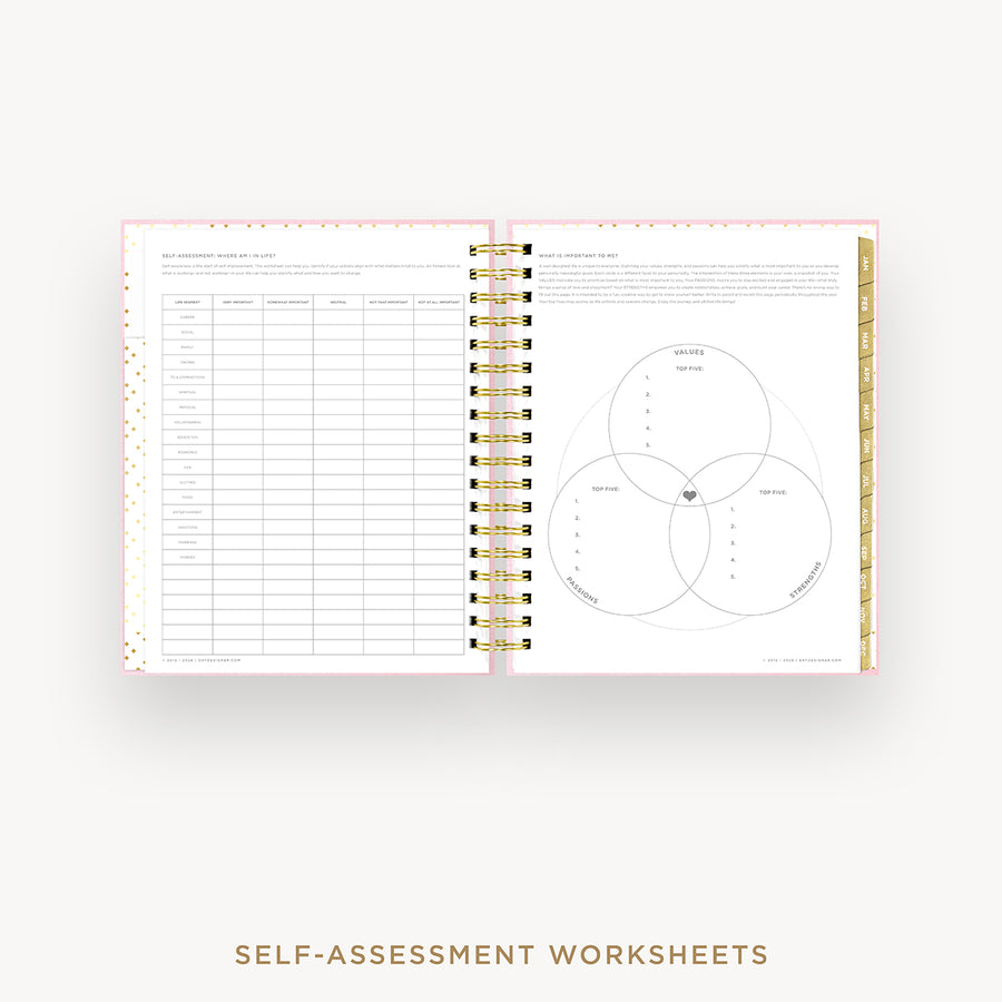 An open spiral-bound workbook showing self-assessment worksheet pages, including a checklist on the left and a Venn diagram on the right, with the text 'SELF-ASSESSMENT WORKSHEETS' below on a light gray background.