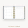 An open spiral-bound planner or calendar showing a monthly and weekly layout page, photographed on a light gray background with the text 'IDEAL MONTH AND WEEK' below.
